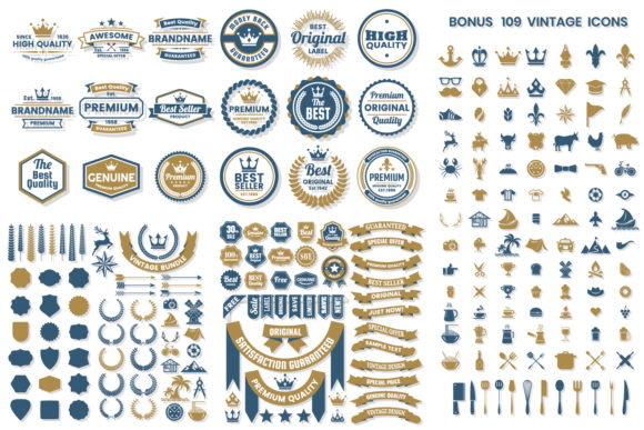 Vintage Badge Objects Vector Set Blue and Gold