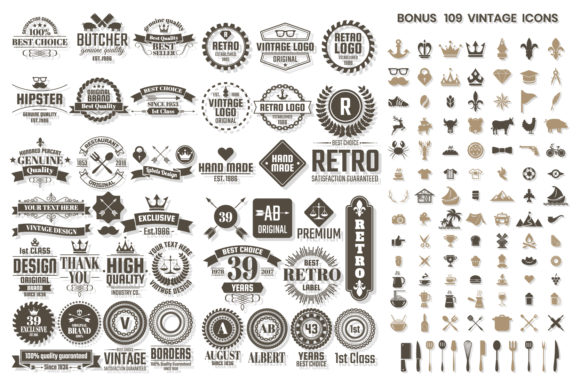 Vintage Badge Objects Vector Set Gray